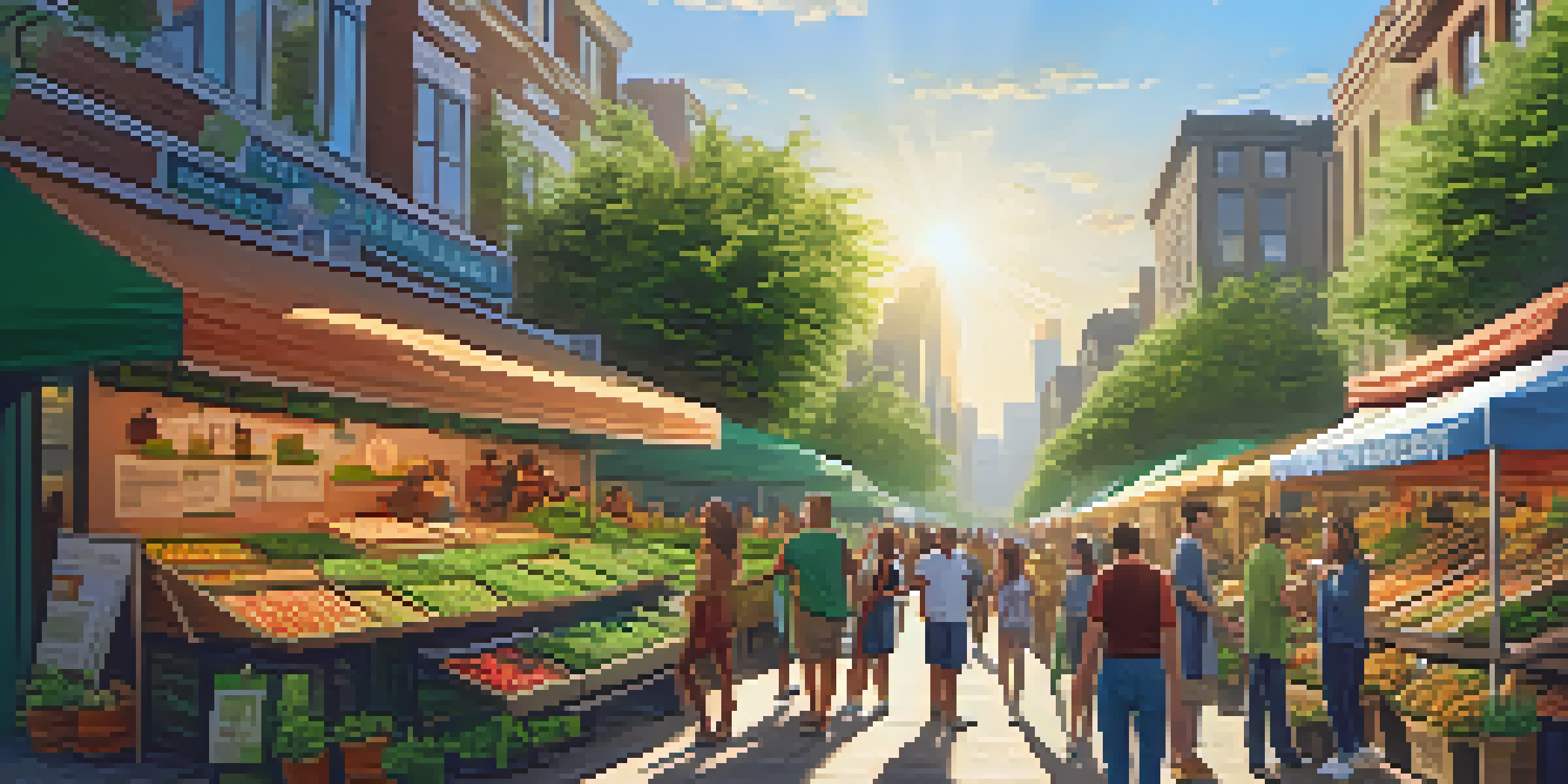 A lively city street market with diverse people talking and colorful stalls selling cannabis products under a sunny sky.