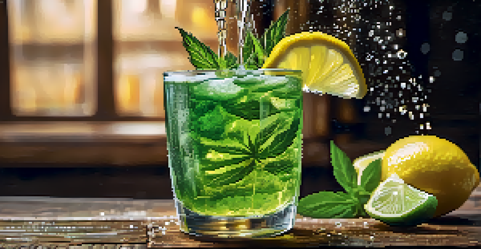 A close-up of a cannabis-infused beverage being poured into a glass with lemon and mint garnish.