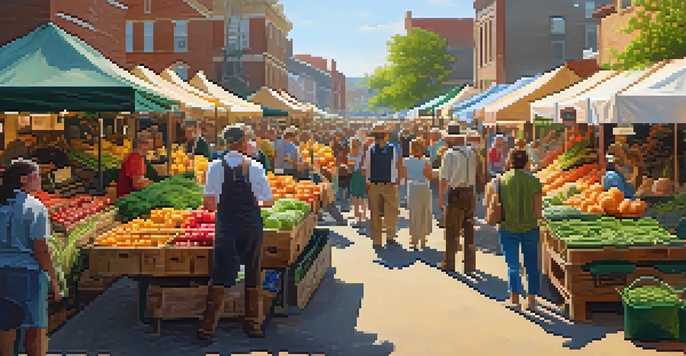 A lively farmer's market filled with people shopping for fresh fruits and vegetables under warm sunlight.