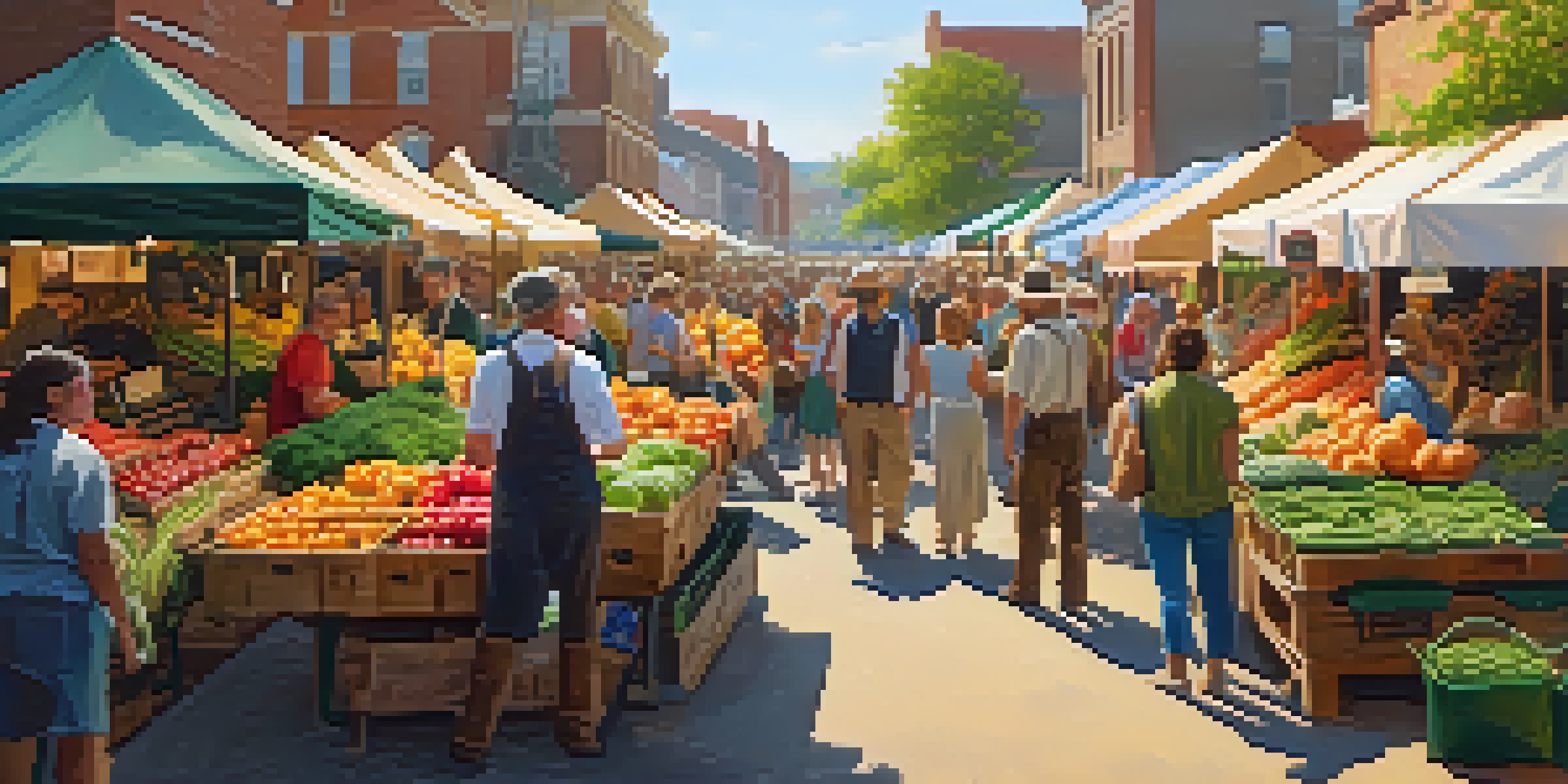 A lively farmer's market filled with people shopping for fresh fruits and vegetables under warm sunlight.