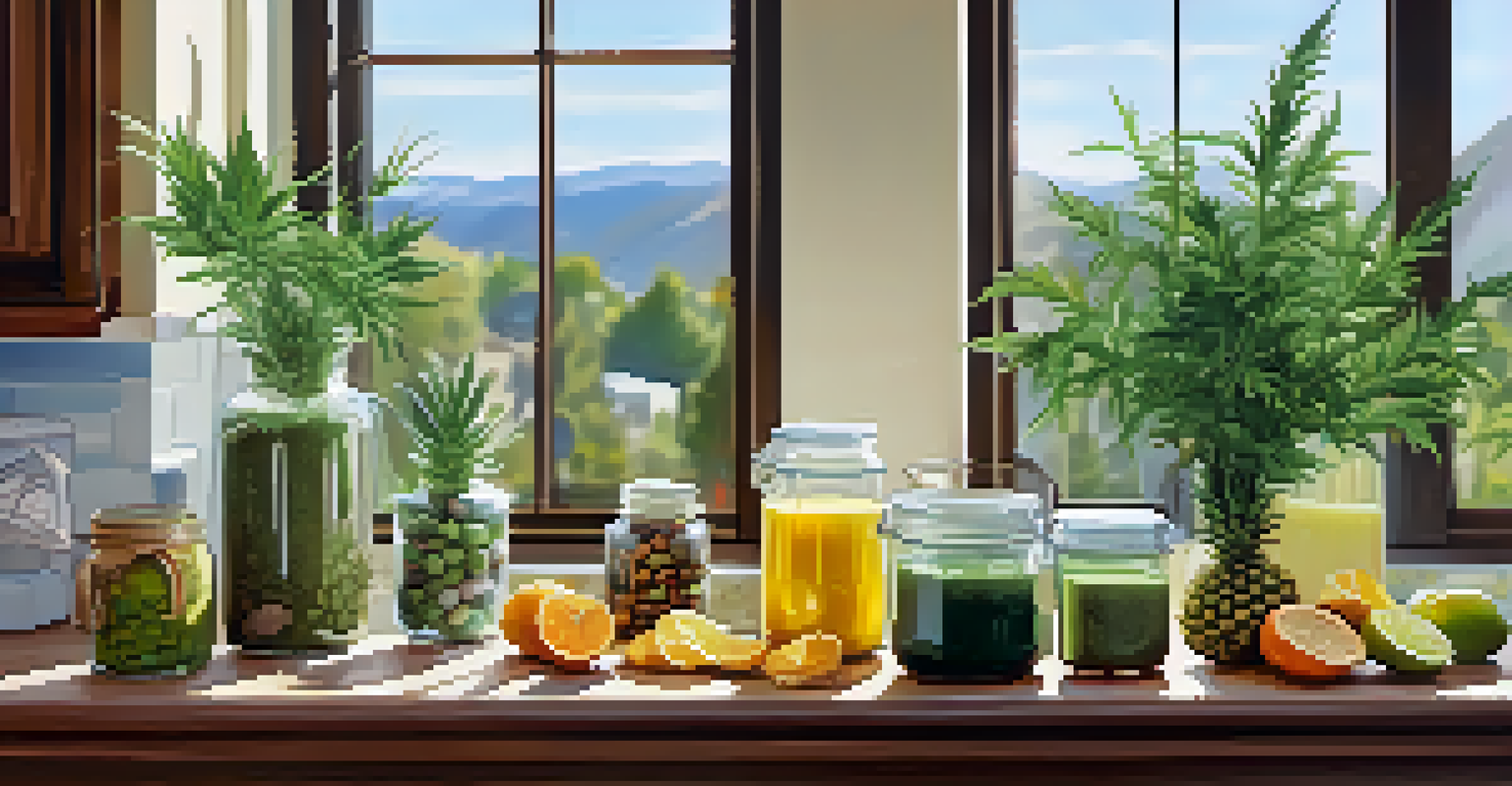 A kitchen countertop with cannabis-infused olive oil, fresh fruits, and a blender, showcasing healthy cooking ingredients.