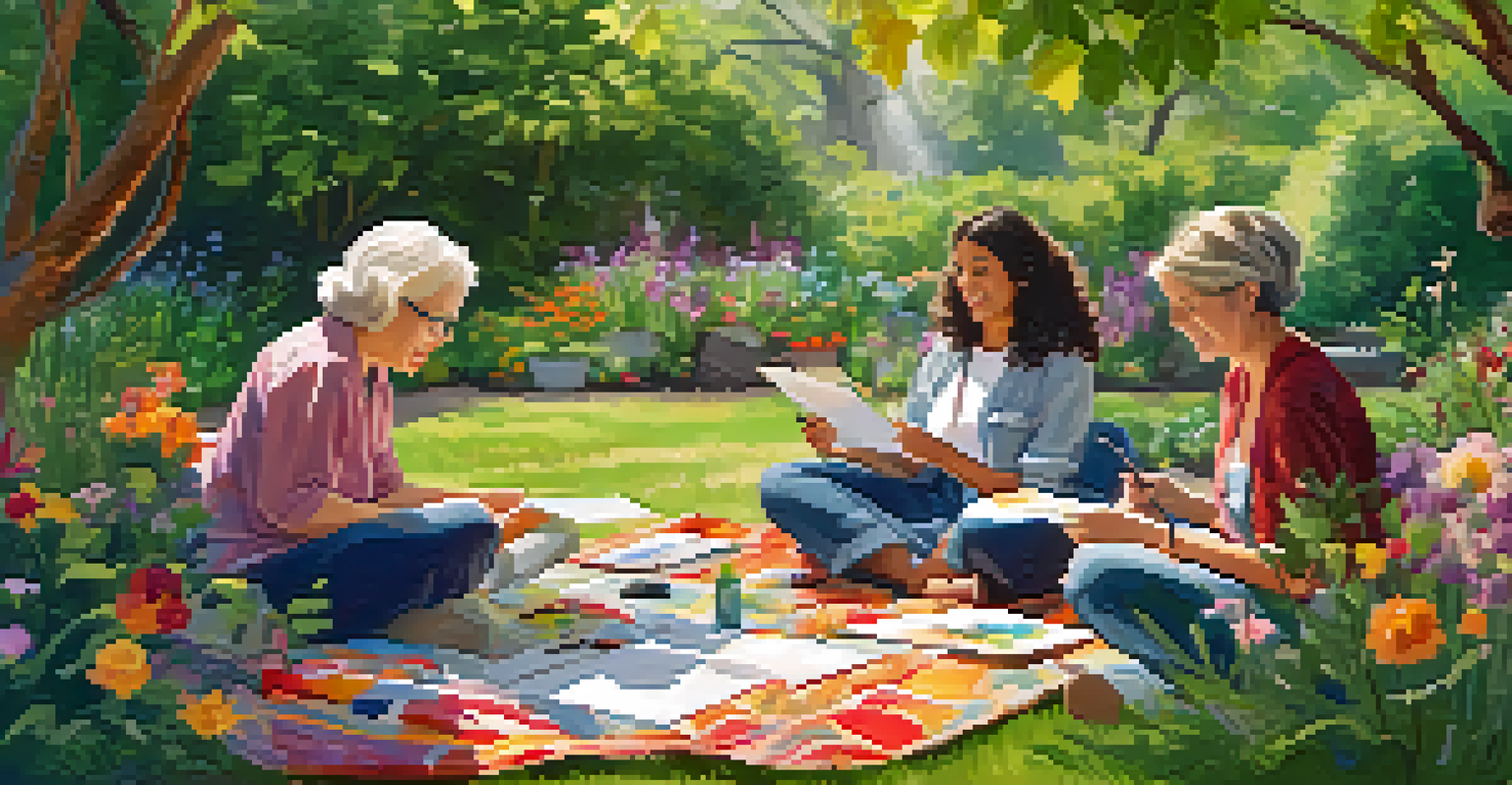 An outdoor art therapy session in a garden with participants creating art on blankets surrounded by flowers.