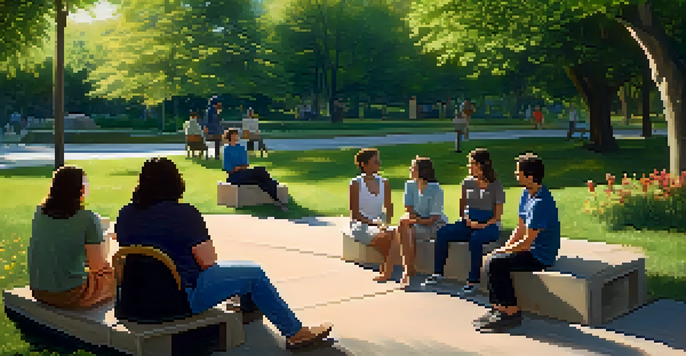A diverse group of people sitting in a circle in a park, engaged in a support group discussion surrounded by greenery and flowers.