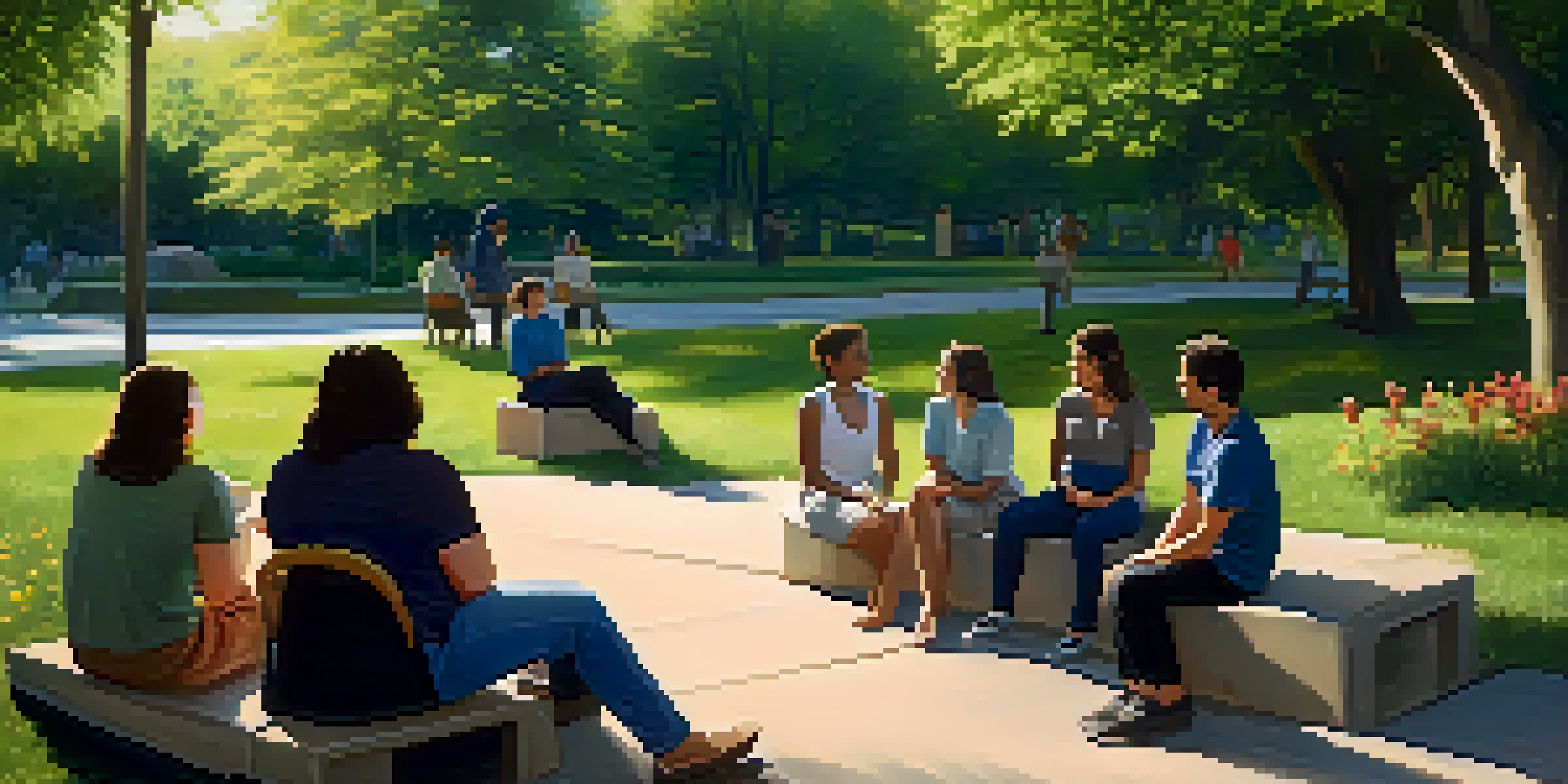 A diverse group of people sitting in a circle in a park, engaged in a support group discussion surrounded by greenery and flowers.