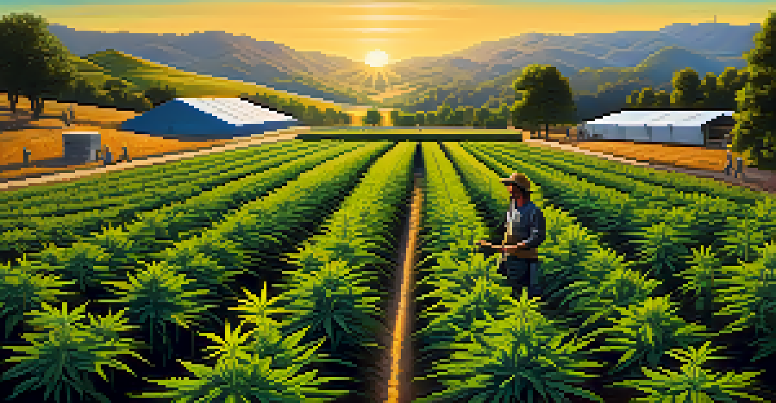 A cannabis cultivation farm with rows of plants and workers in a picturesque landscape.