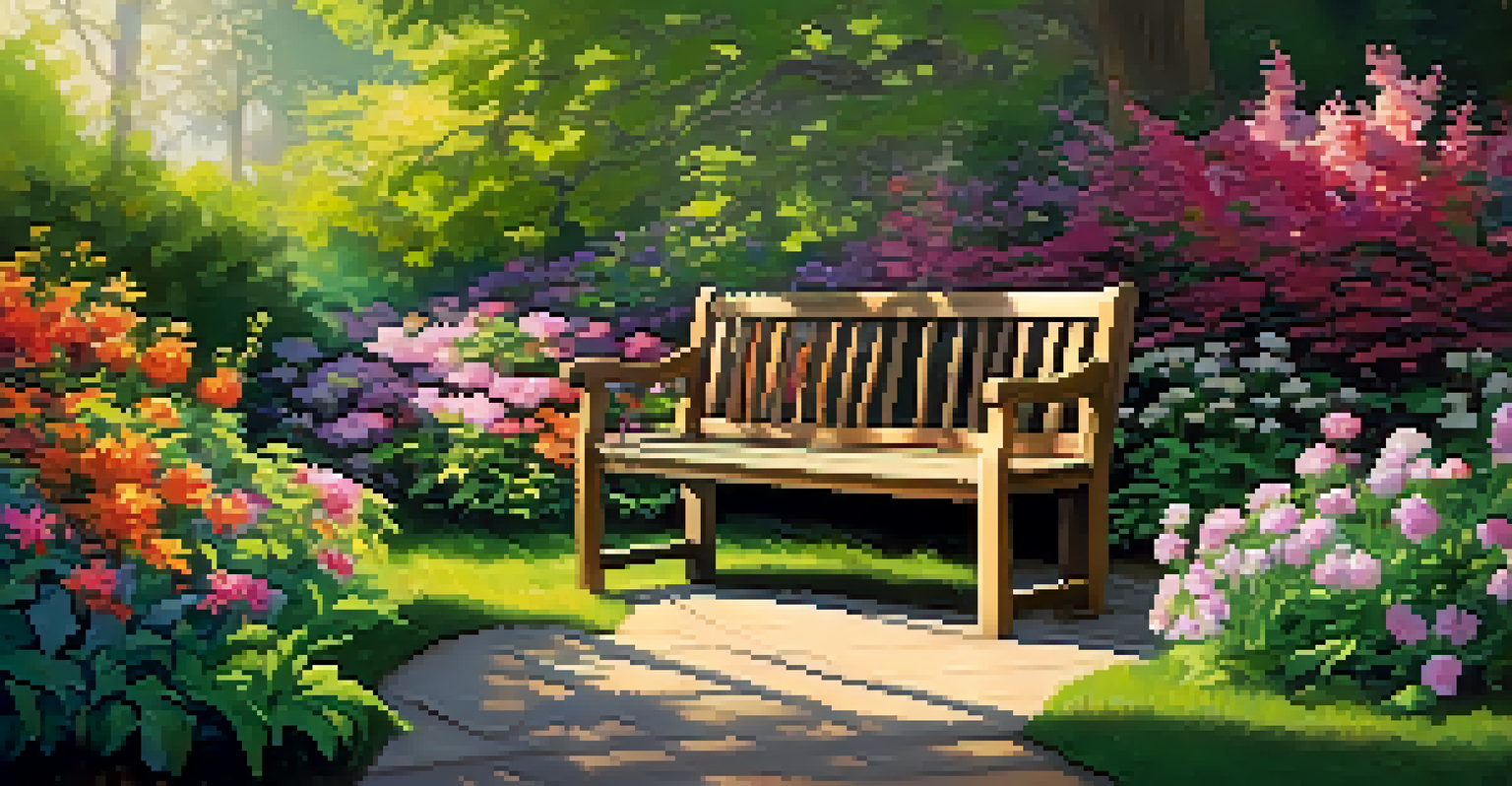 A tranquil garden with a wooden bench surrounded by blooming flowers and dappled sunlight filtering through the trees.