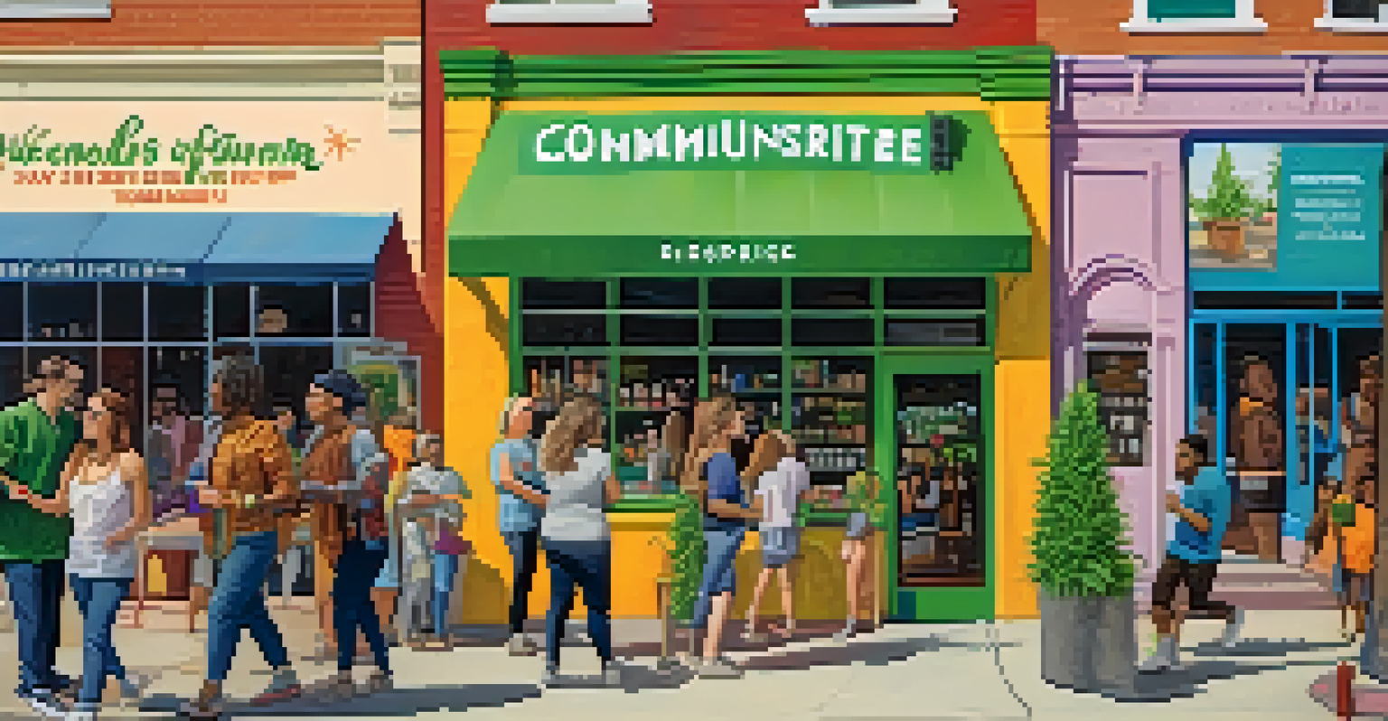 A lively street scene with people interacting outside a cannabis dispensary, showcasing community engagement and inclusivity.