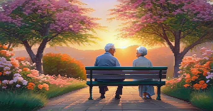 An elderly couple sitting on a bench in a garden at sunset, surrounded by colorful flowers, holding hands and smiling.