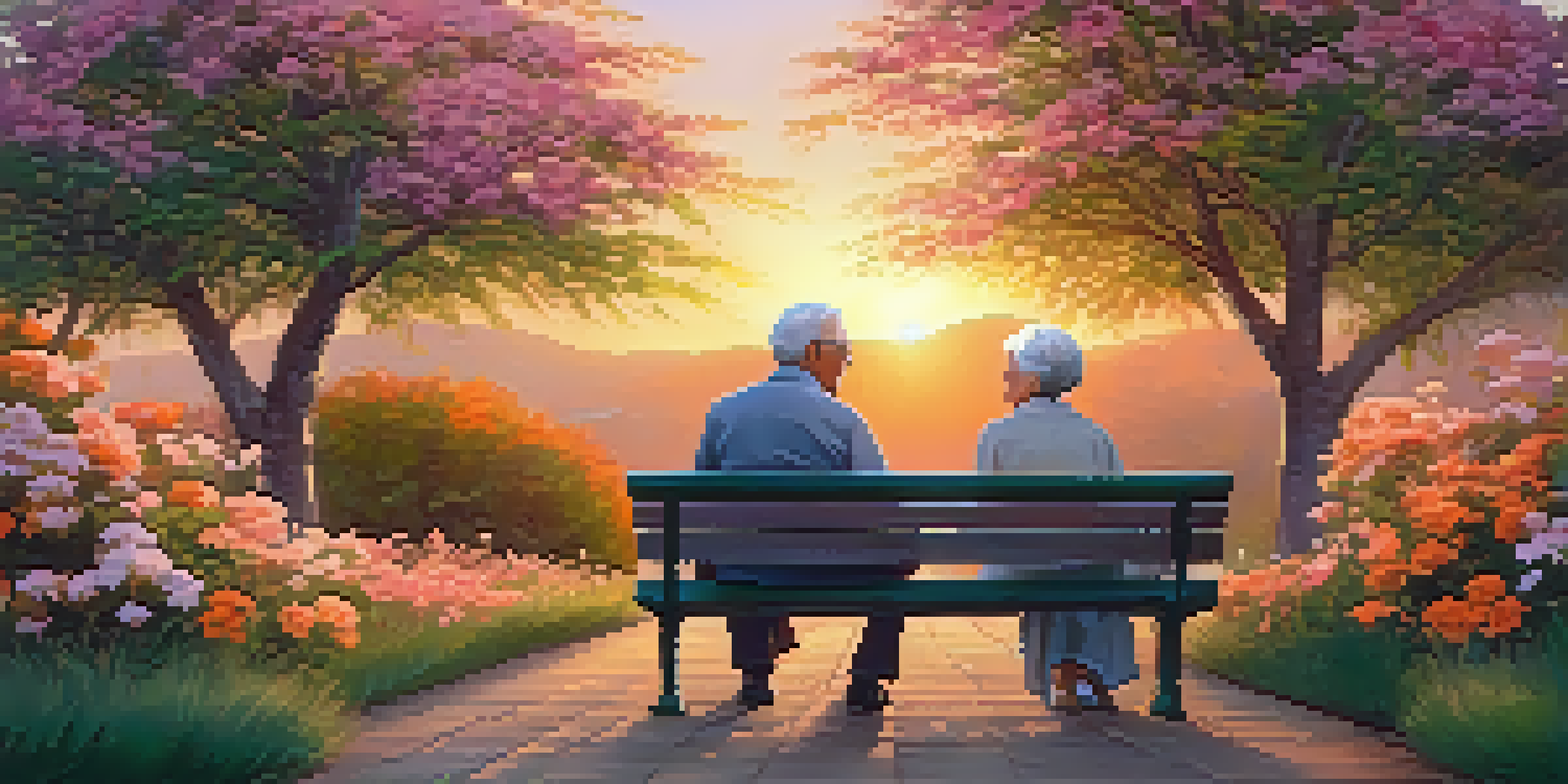 An elderly couple sitting on a bench in a garden at sunset, surrounded by colorful flowers, holding hands and smiling.