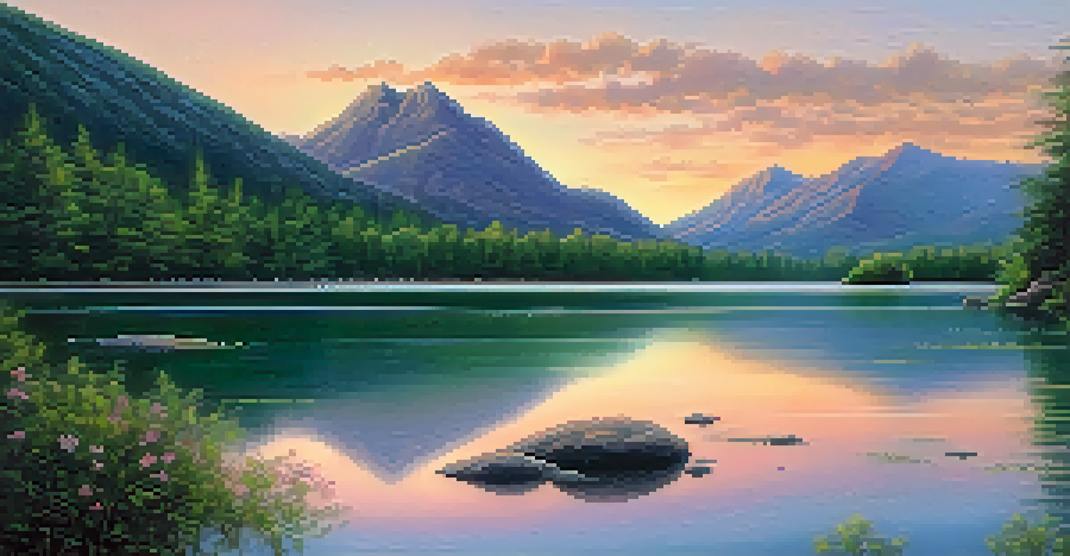 A peaceful lake surrounded by green trees and mountains at sunset, with pastel colors reflecting on the water.
