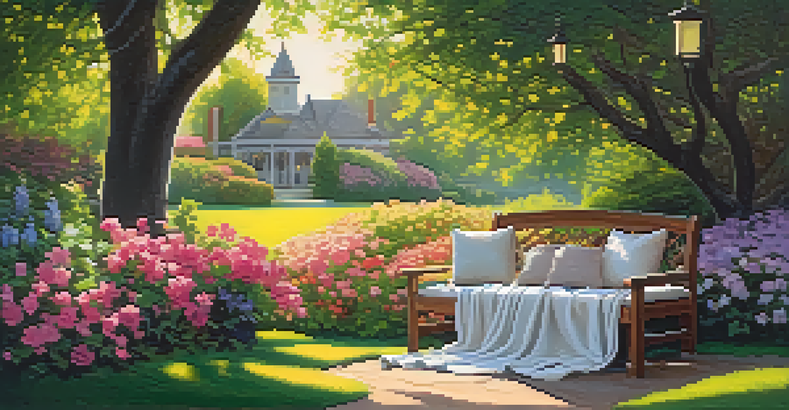 A beautiful garden with blooming flowers, a wooden bench under a tree, and sunlight casting a warm glow.