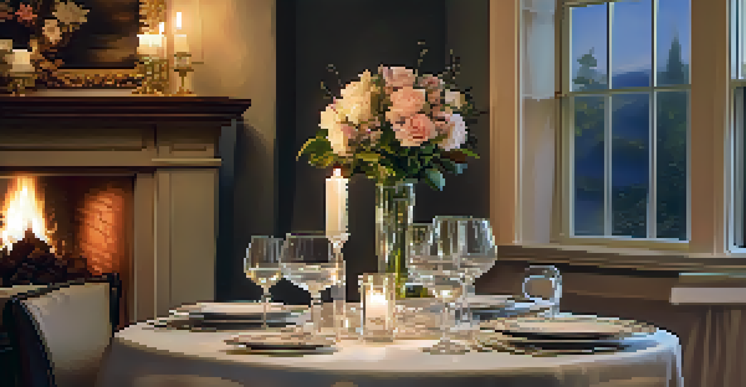 An elegantly set dinner table for two with candlelight, fine china, and fresh flowers in a cozy, intimate setting.