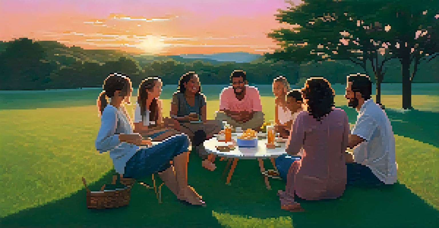 A diverse group of friends sitting in a circle on a grassy lawn during sunset, sharing stories and enjoying a relaxed atmosphere.