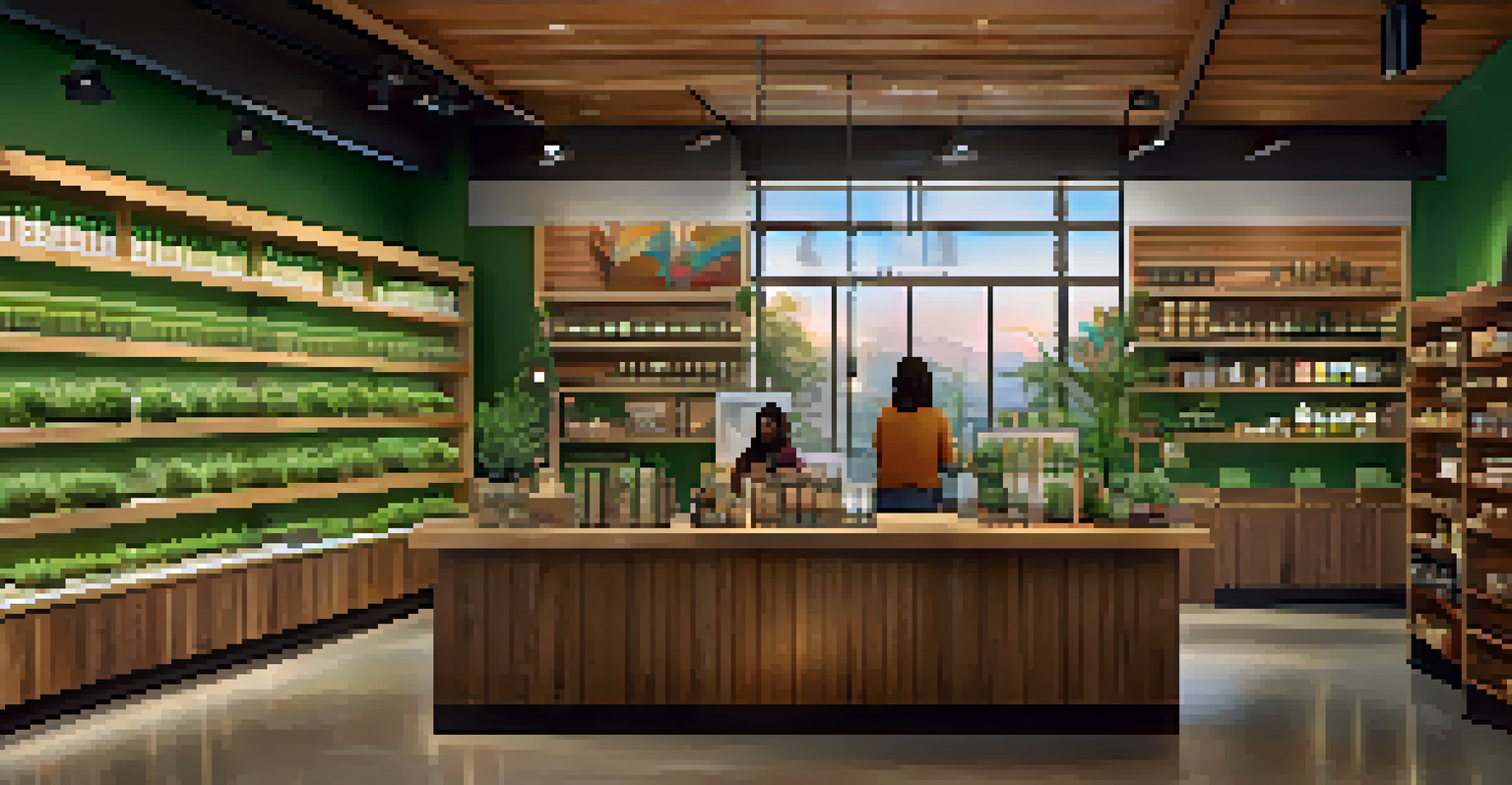 An inviting cannabis dispensary with wooden shelves filled with products and art celebrating gender diversity, with a staff member helping a customer.