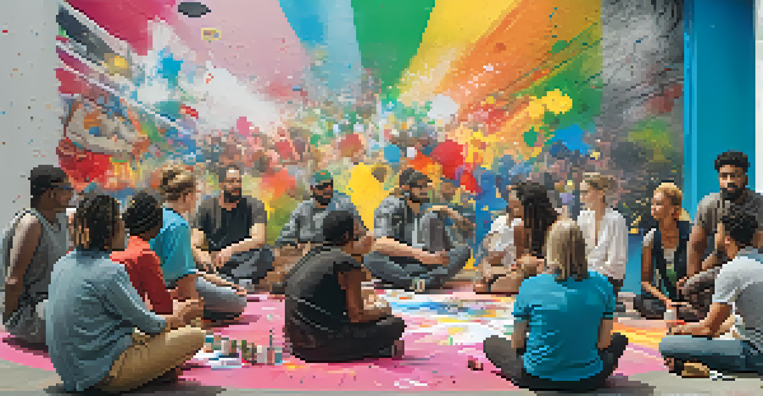 A group of artists collaborating on a colorful mural in a lively atmosphere.