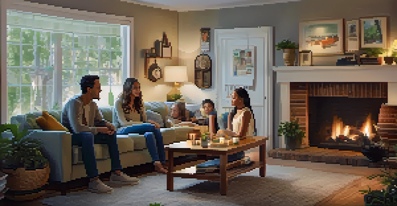 A family in a cozy living room having an open discussion about marijuana use, creating a warm and trusting atmosphere.