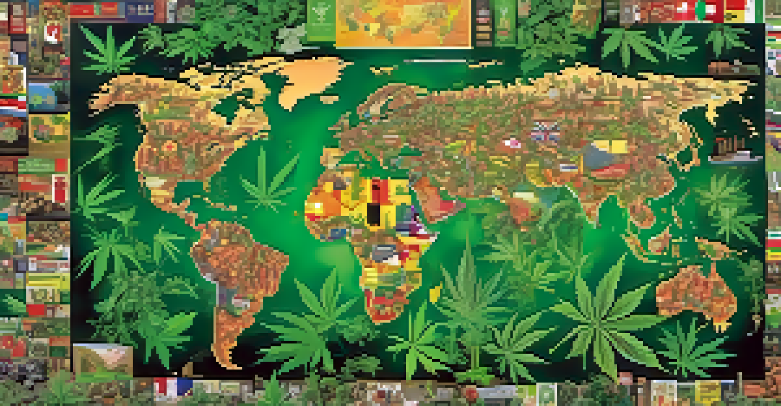 A world map adorned with cannabis icons and country flags, representing global cannabis trade.