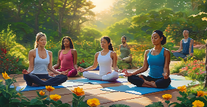 A diverse group of people practicing yoga in a lush outdoor setting at sunrise, surrounded by greenery.