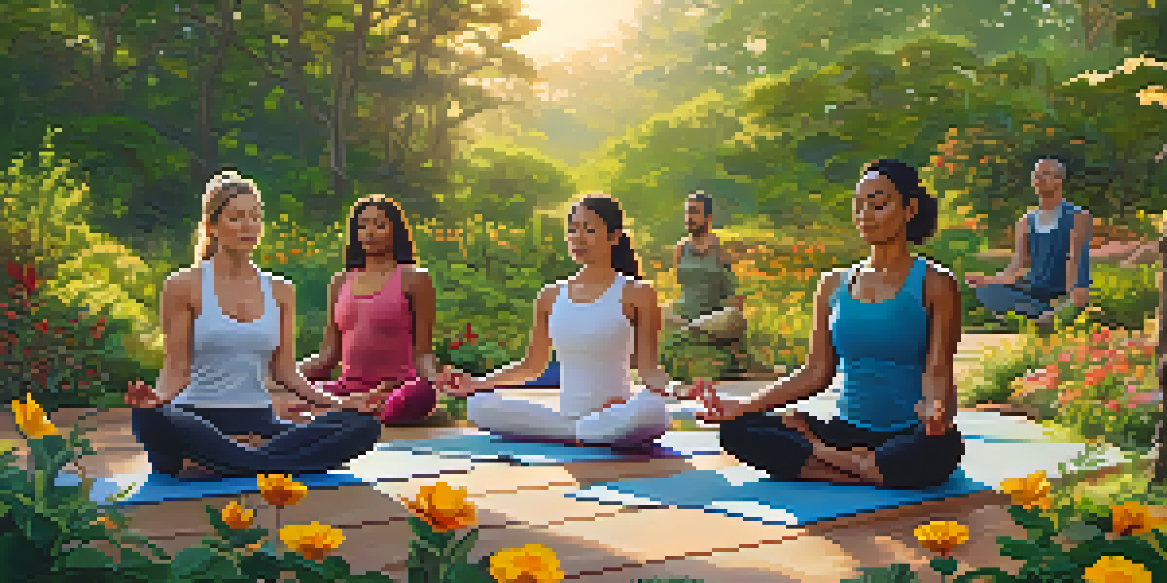 A diverse group of people practicing yoga in a lush outdoor setting at sunrise, surrounded by greenery.