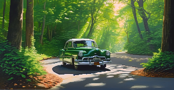 A peaceful forest road with dappled sunlight and a parked car, suggesting responsible driving.