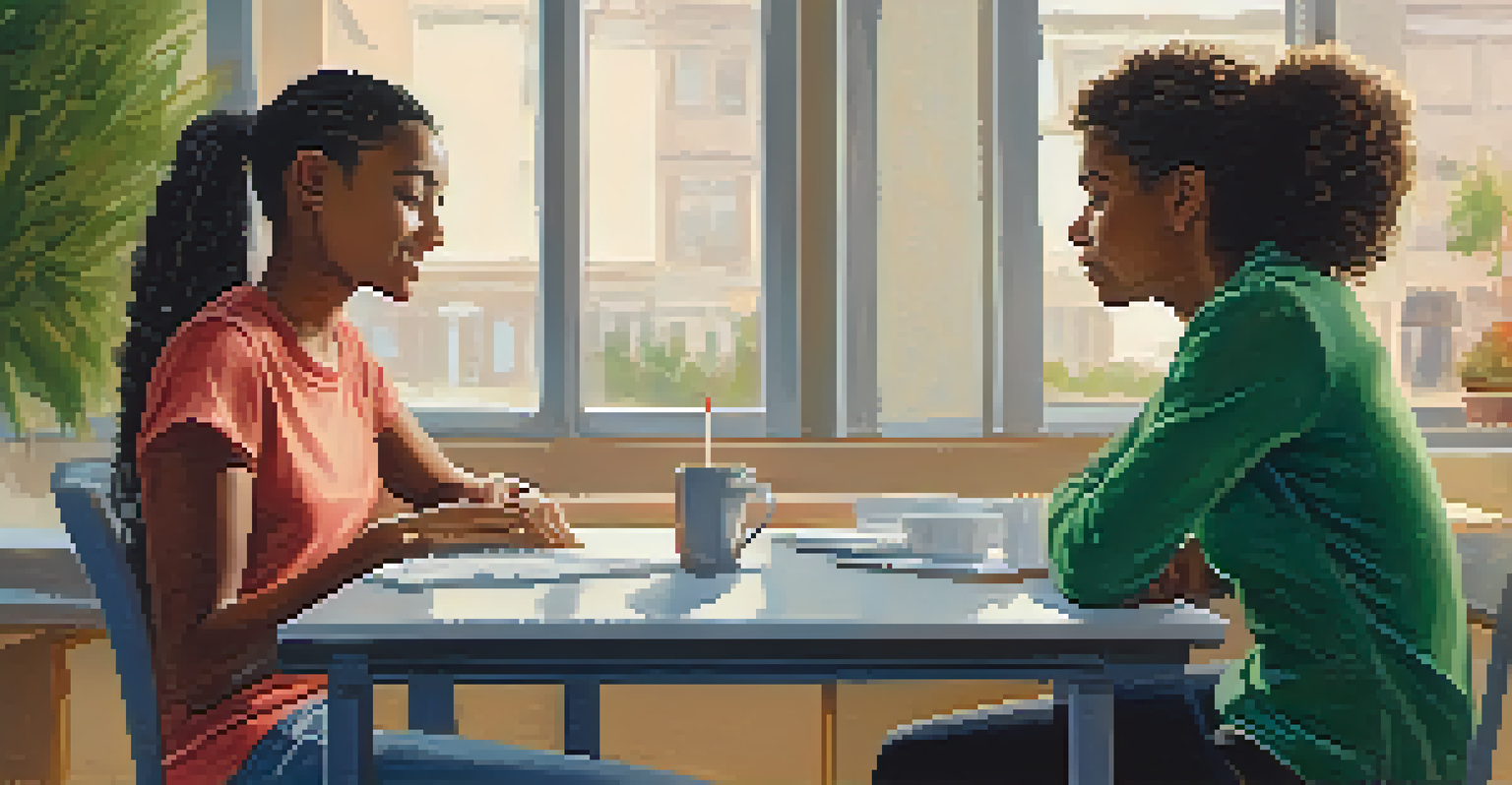 A compassionate crisis intervention professional and a young adult having a heartfelt conversation in a cozy office setting.