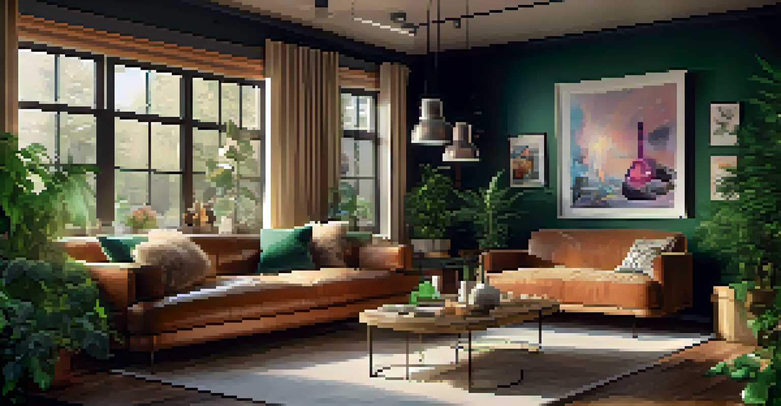 A stylish coffee table with cannabis products like edibles and oils in a cozy indoor setting with ambient lighting and a plush sofa.
