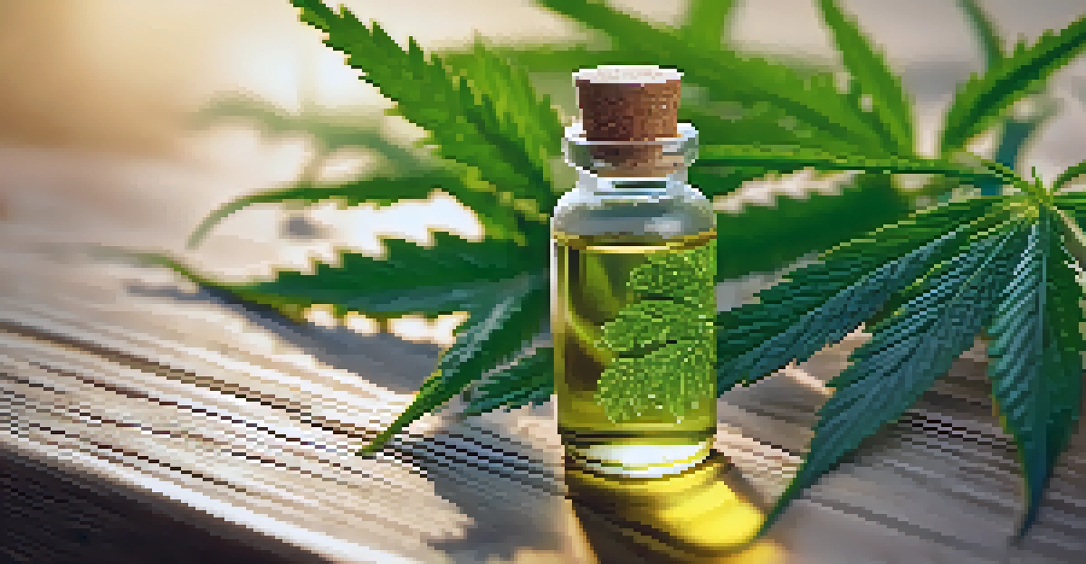 A close-up of a bottle of CBD oil with hemp leaves on a wooden table.