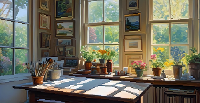 A bright artist's studio with colorful artwork, sunlight streaming in, and a workspace filled with art supplies.