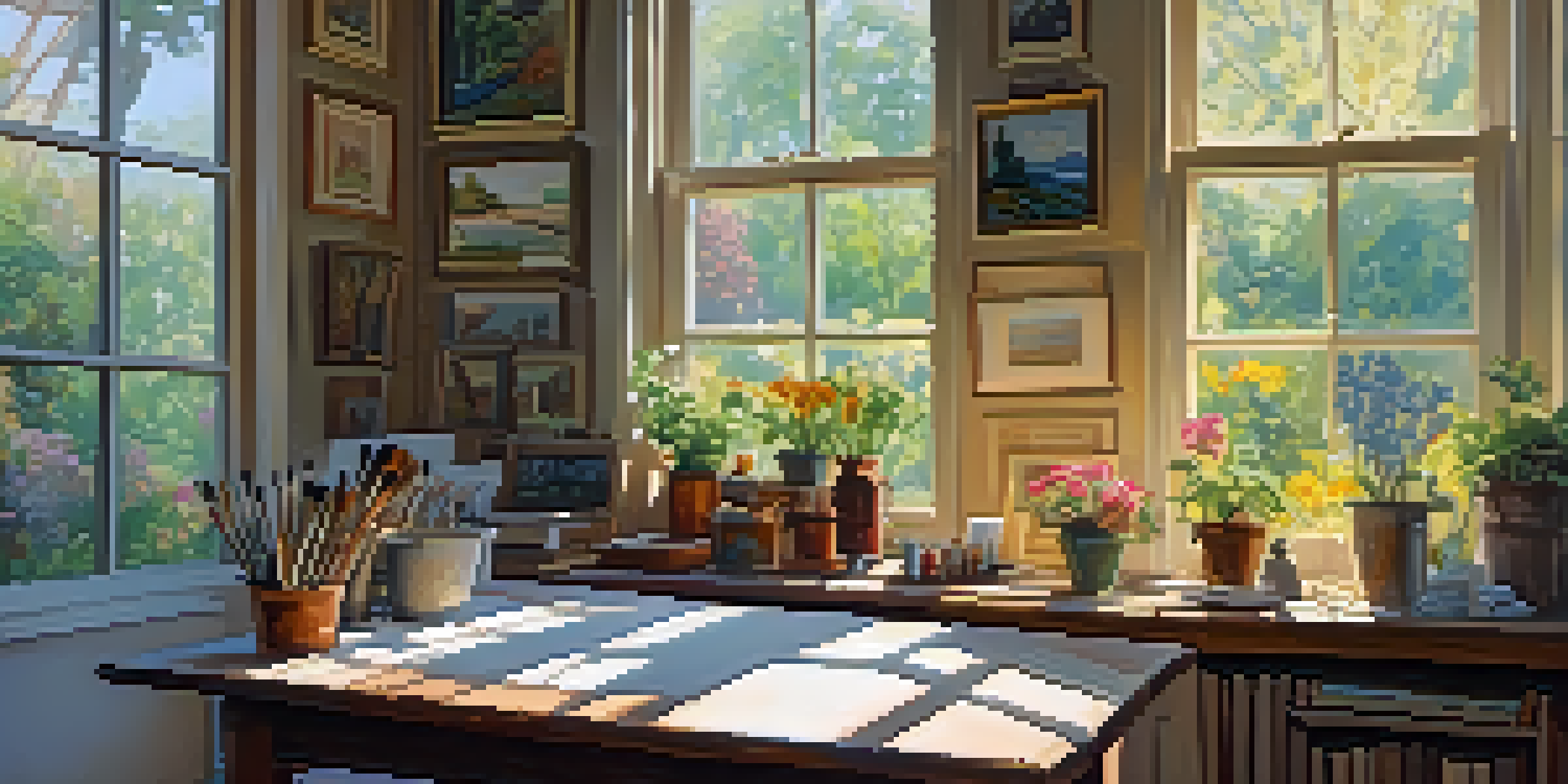A bright artist's studio with colorful artwork, sunlight streaming in, and a workspace filled with art supplies.