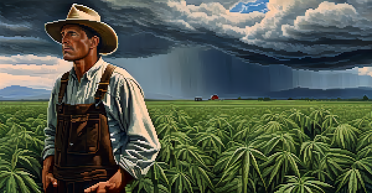 A distressed 1930s farmer in a hemp field, under dark clouds representing the threat of the Marihuana Tax Act.