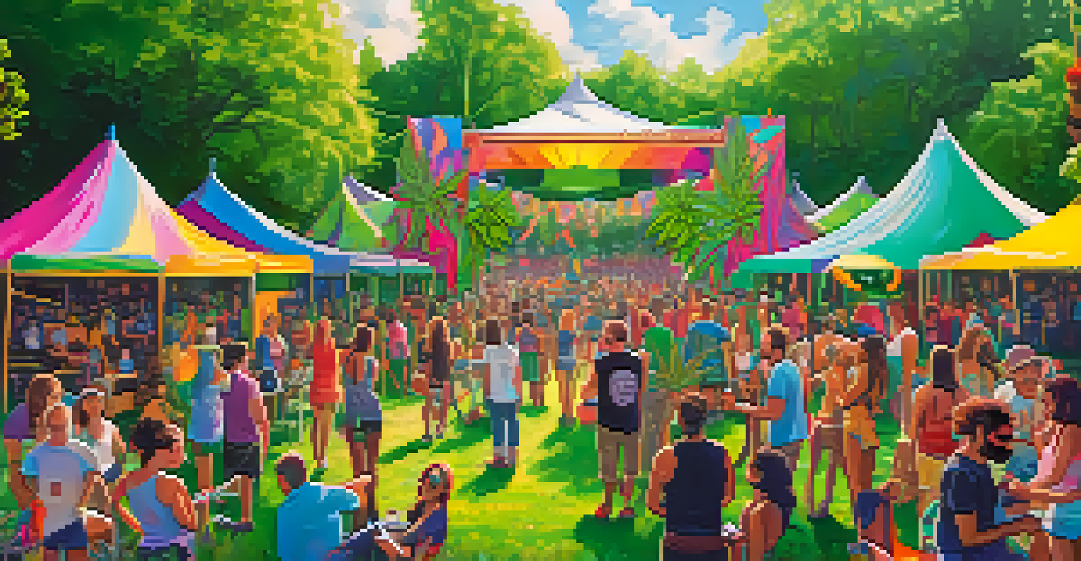 An artistic view of a cannabis-friendly music festival with art installations, people enjoying cannabis, and live music amidst a lush green setting.