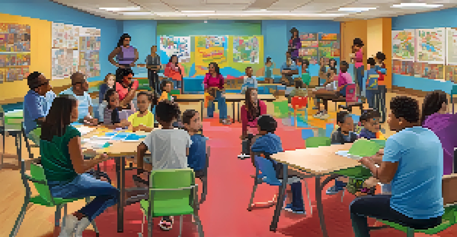 A community workshop on substance use with families engaging in activities and discussions.