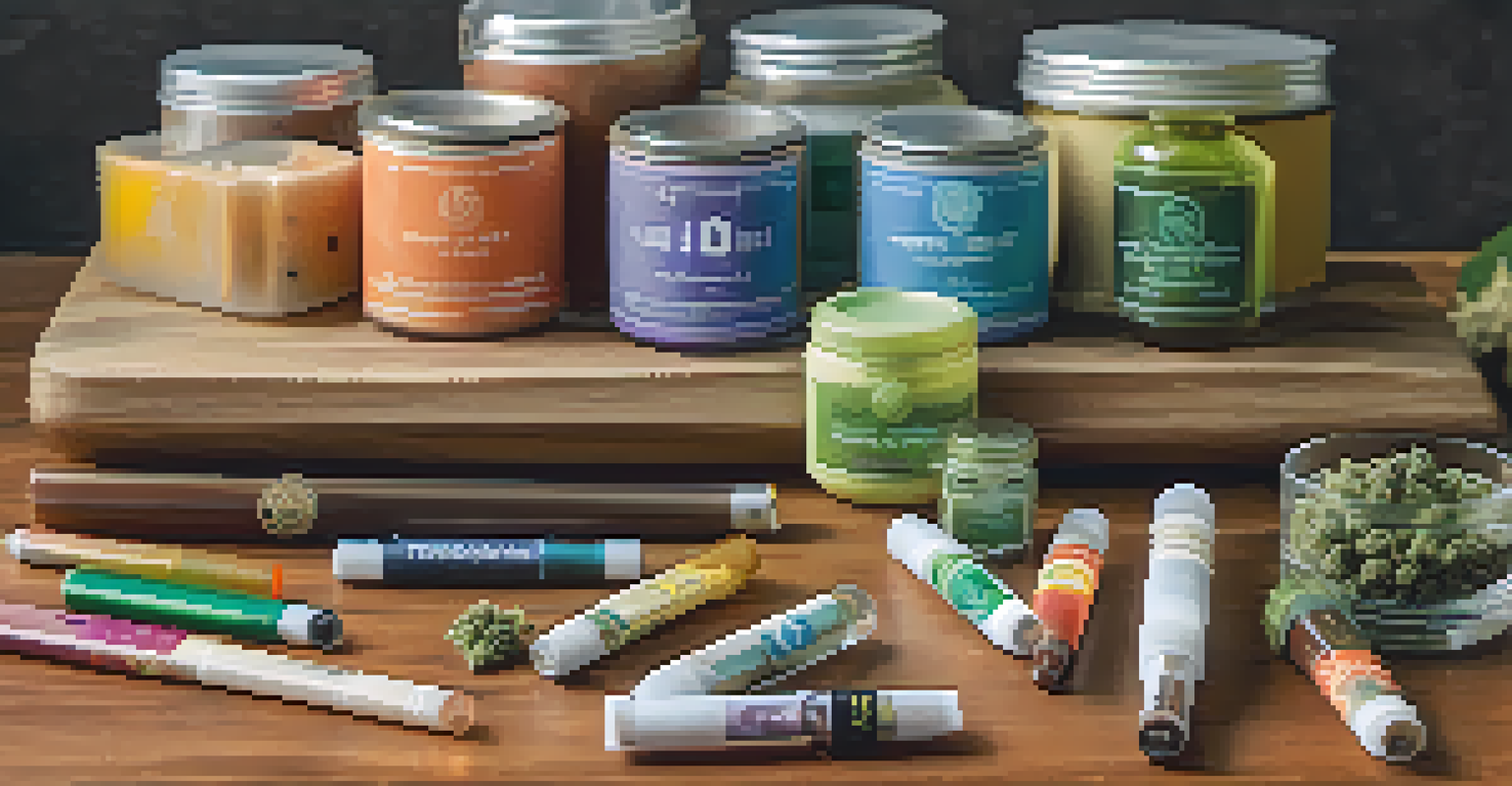 A close-up view of various cannabis products, including edibles and vape pens, displayed on a table.