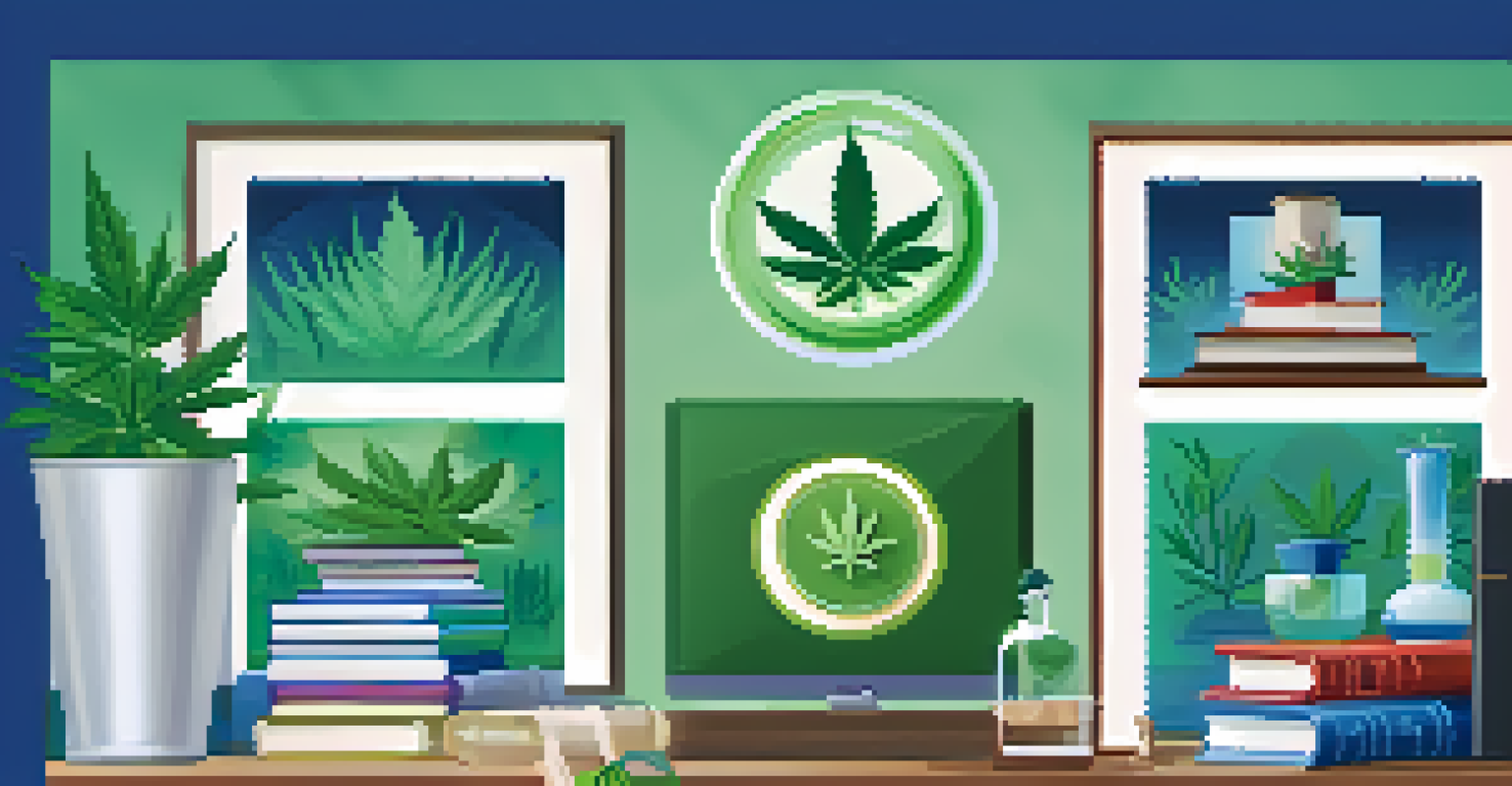 An educational poster design about marijuana use awareness, featuring icons like a book, question mark, and shield on a gradient background.