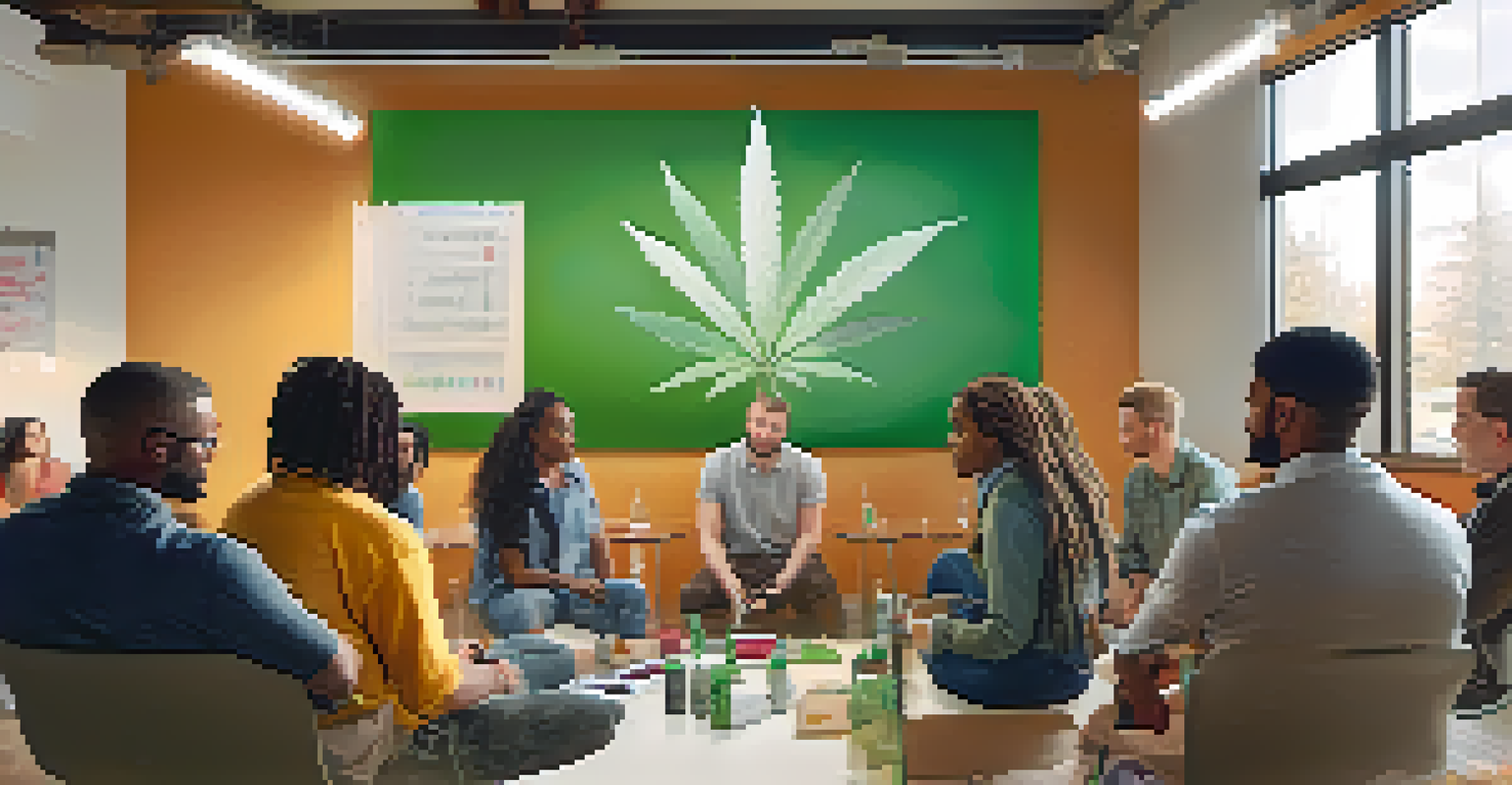 A diverse group discussing marijuana legalization in a cozy setting with a whiteboard displaying key points.