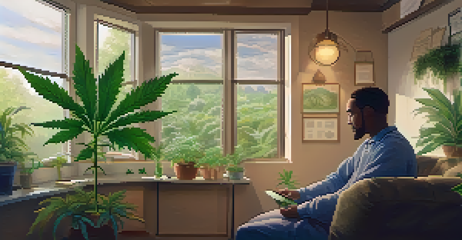 A healthcare professional discussing marijuana's medicinal properties with a patient in a cozy, warmly lit room filled with plants and medical charts.