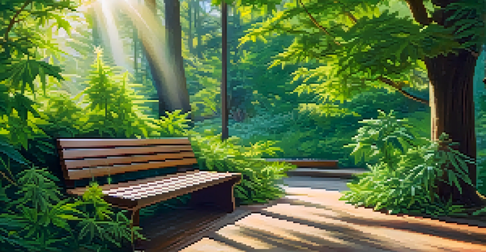 A peaceful garden filled with medicinal cannabis plants under soft sunlight, featuring a wooden bench in the background.
