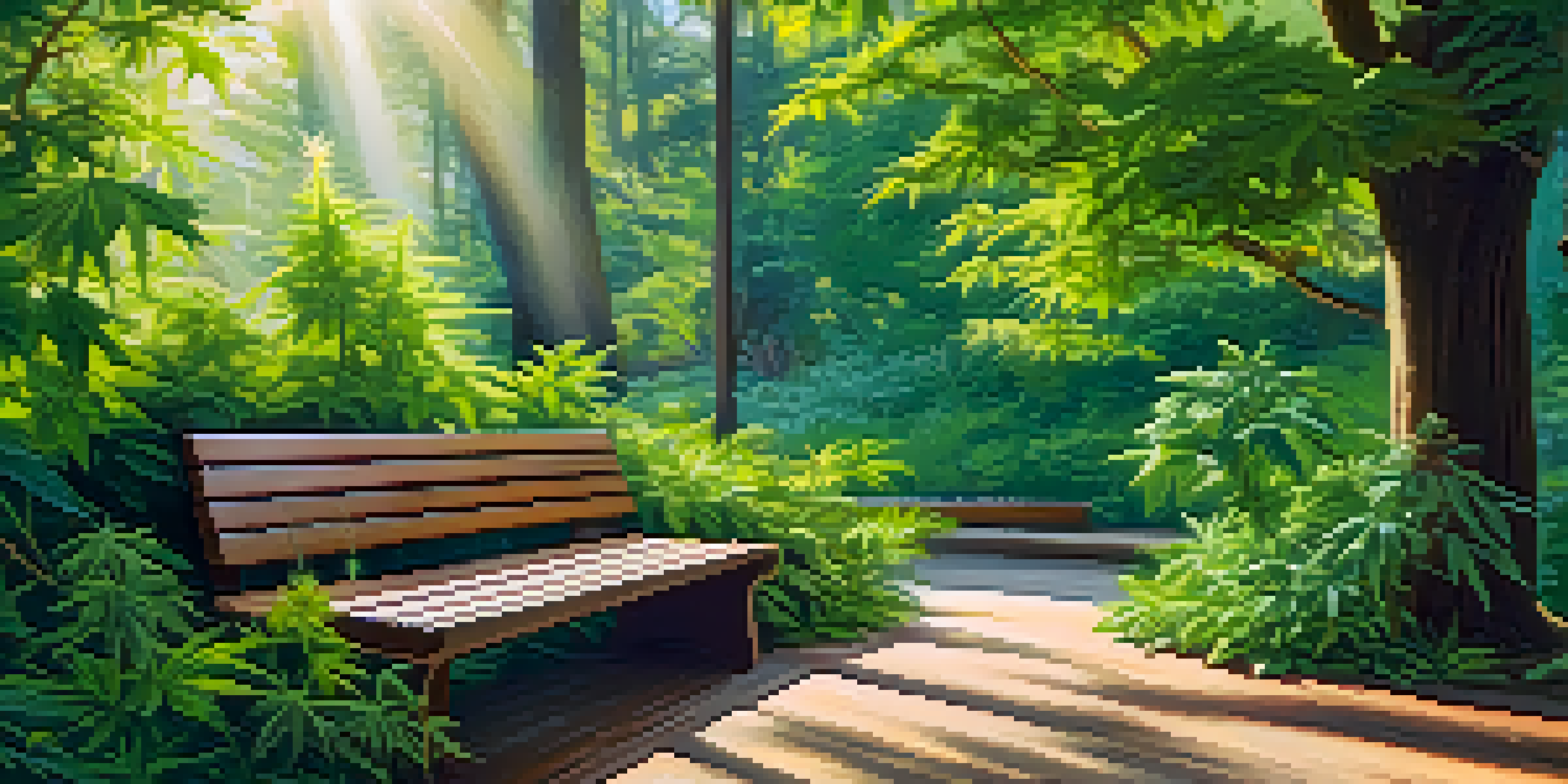 A peaceful garden filled with medicinal cannabis plants under soft sunlight, featuring a wooden bench in the background.