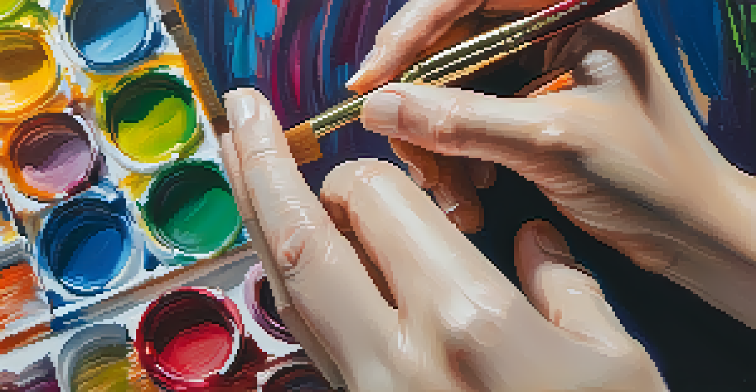 Close-up of hands painting on a canvas with vibrant colors, showcasing the creative process.