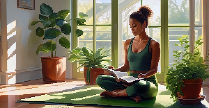 A person practicing wellness in a sunlit room, sitting on a yoga mat with plants and a book about health.