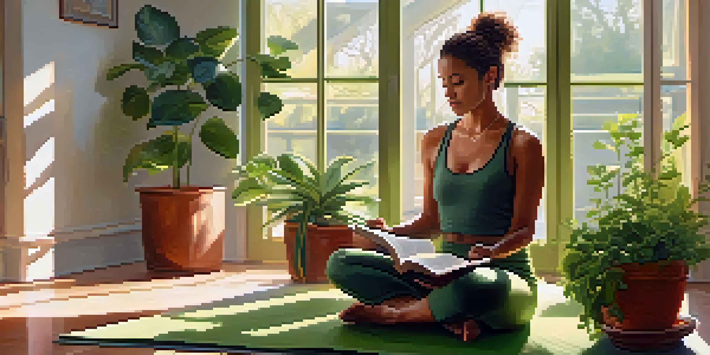 A person practicing wellness in a sunlit room, sitting on a yoga mat with plants and a book about health.