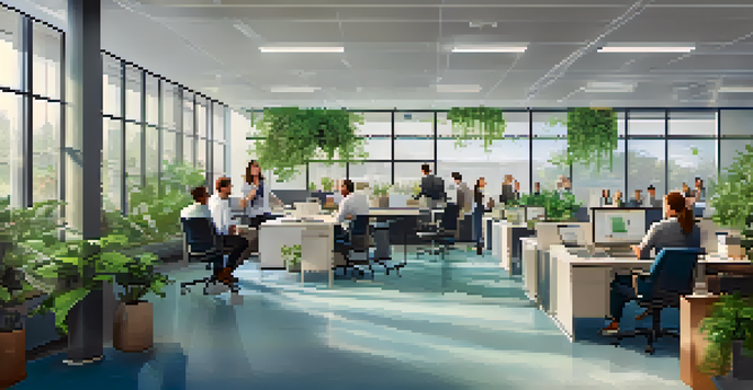 A diverse group of employees discussing workplace policies in a bright and modern office with plants and a whiteboard.