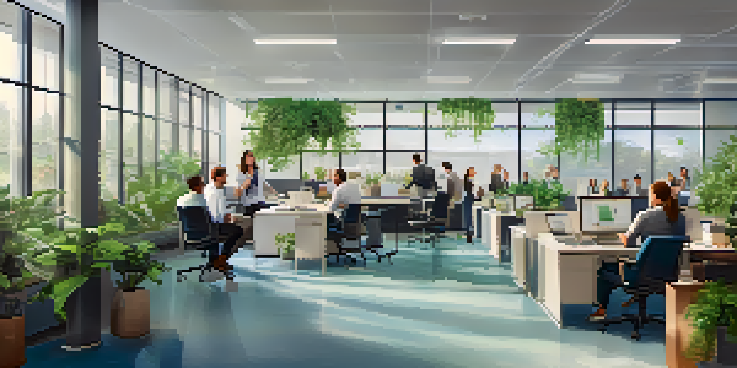A diverse group of employees discussing workplace policies in a bright and modern office with plants and a whiteboard.