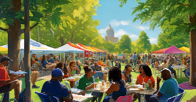 A diverse group of people engaging in discussions at a community gathering in a park, surrounded by banners and informational brochures about cannabis social equity.
