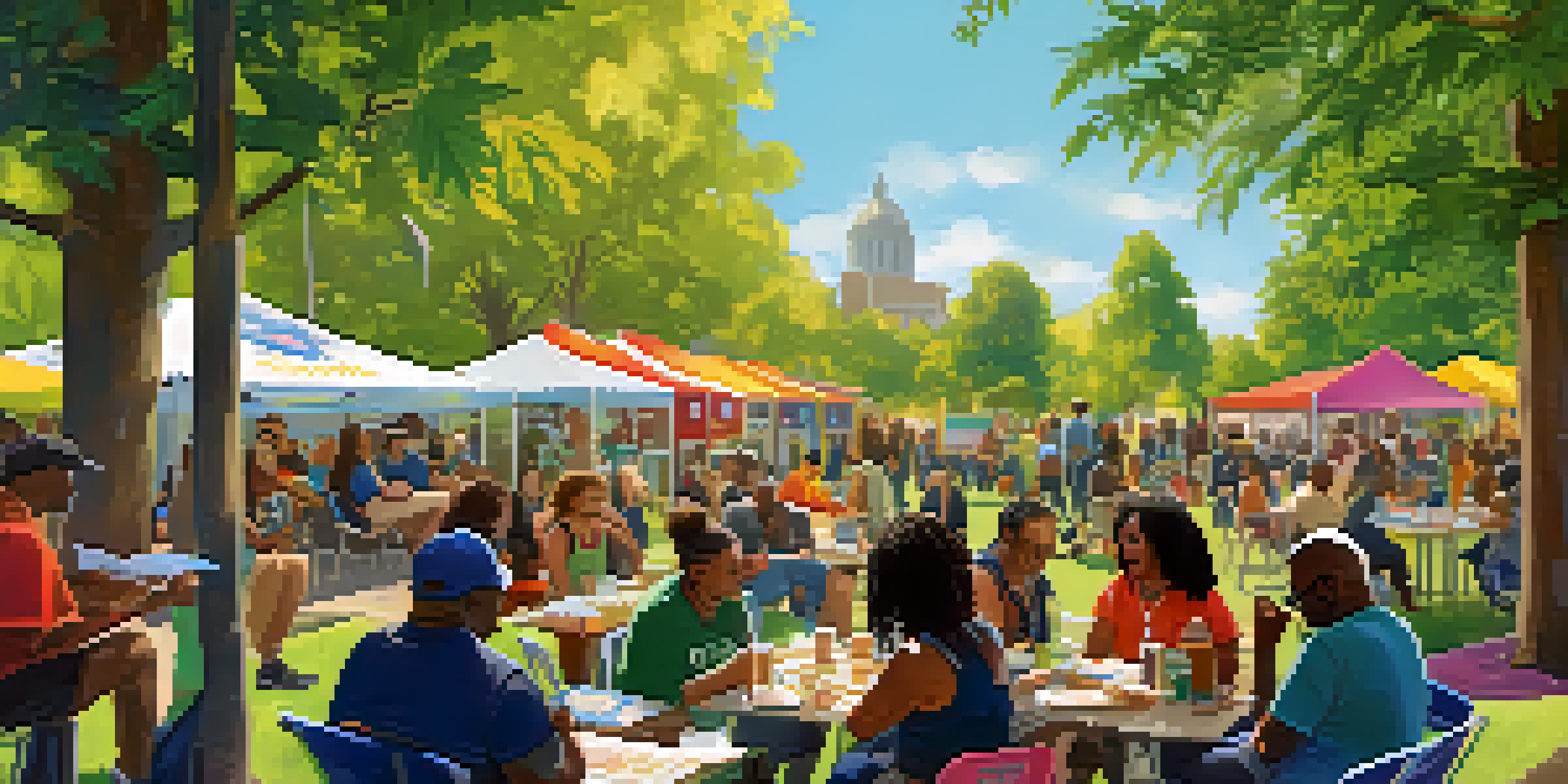 A diverse group of people engaging in discussions at a community gathering in a park, surrounded by banners and informational brochures about cannabis social equity.