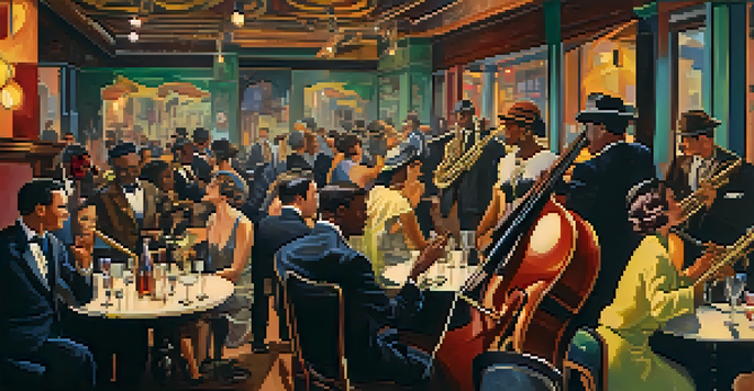 A lively jazz club filled with musicians and patrons from the 1920s, showcasing a vibrant atmosphere with colorful lights and vintage decor.