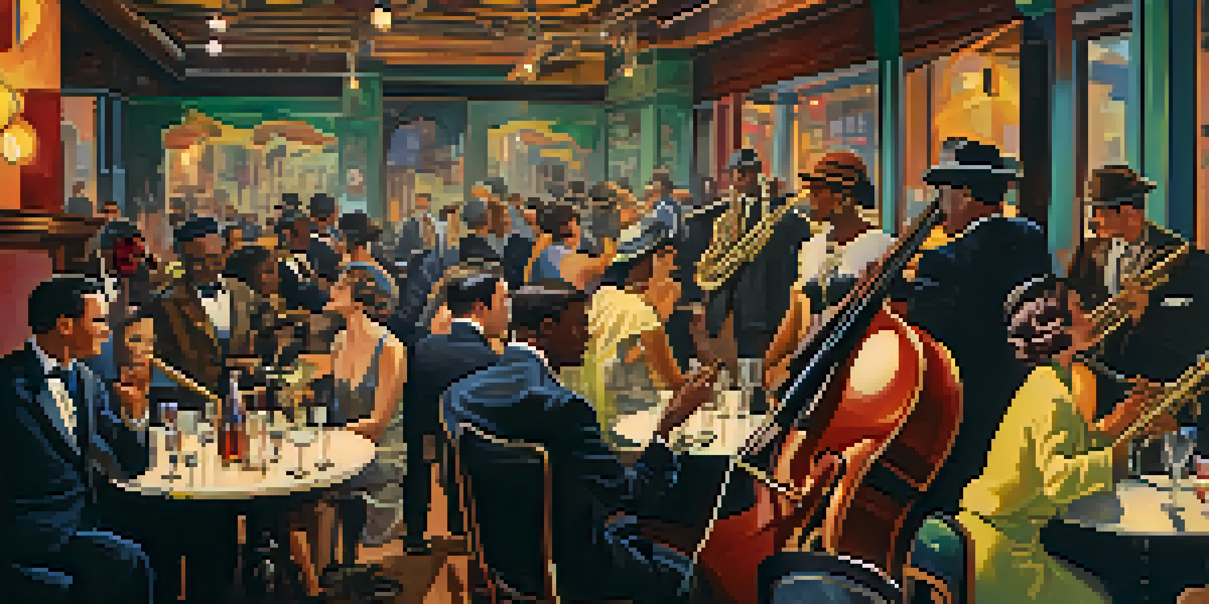 A lively jazz club filled with musicians and patrons from the 1920s, showcasing a vibrant atmosphere with colorful lights and vintage decor.
