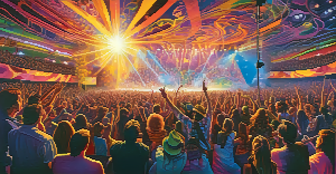 A lively concert with colorful lights and enthusiastic fans enjoying psychedelic rock music, with musicians on stage surrounded by abstract visuals.