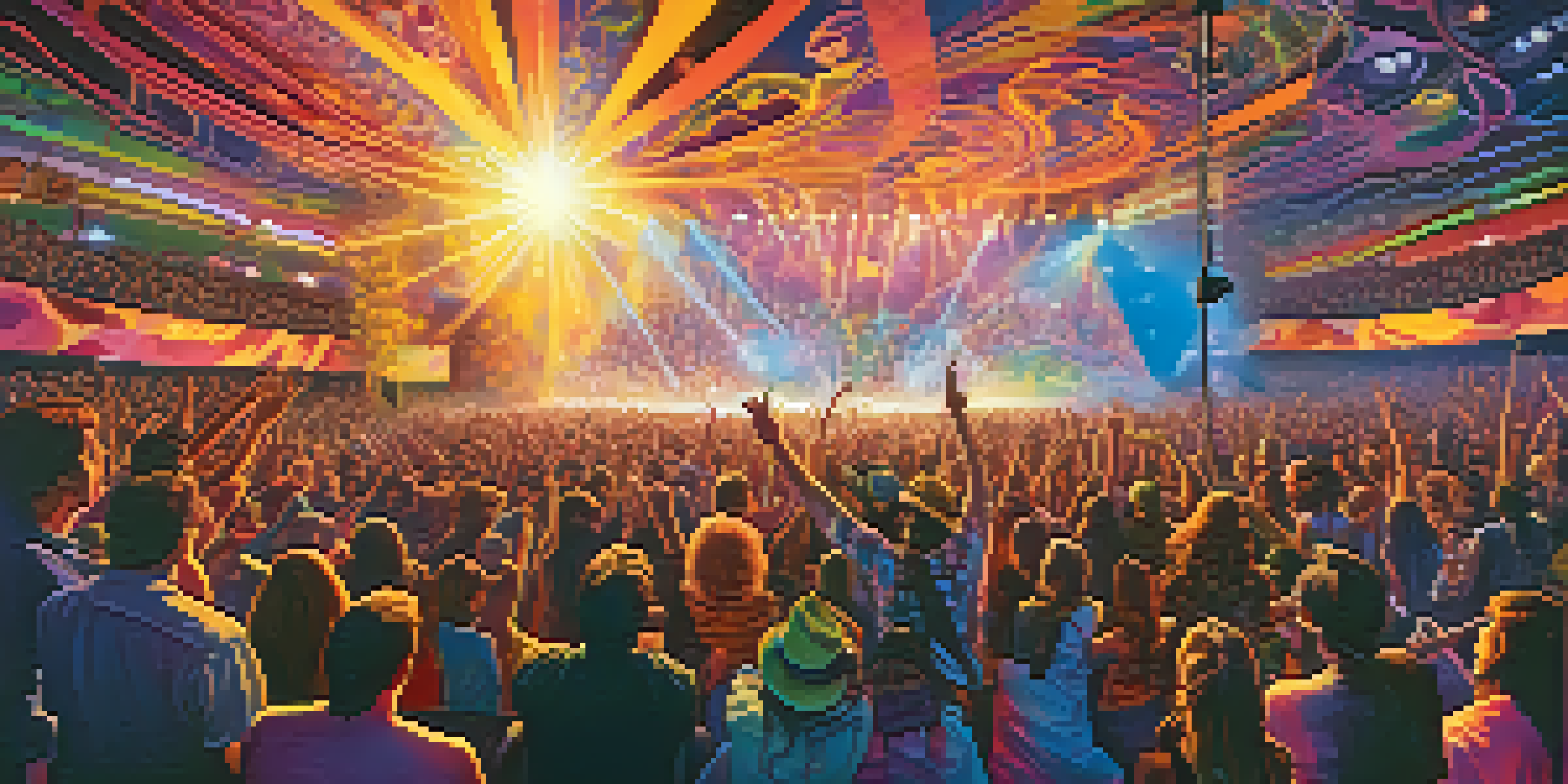 A lively concert with colorful lights and enthusiastic fans enjoying psychedelic rock music, with musicians on stage surrounded by abstract visuals.