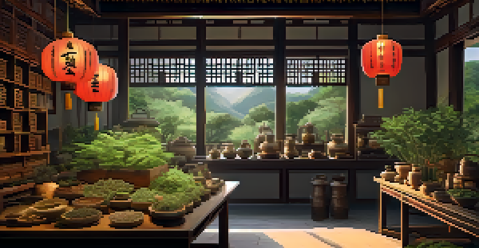 An ancient Chinese herbalist's workshop filled with herbs, including cannabis, with an elderly herbalist preparing mixtures.